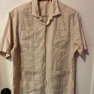 Havanera Men's Cream Short Sleeve embroidery business casual Shirt L